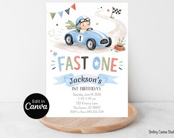 Fast One Birthday Invitation, Race Car Editable Canva Template