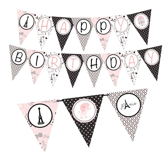 Paris Happy Birthday Banner Parisian Bunting Banner Instant Etsy