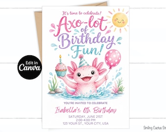 Axolotl Invitation, Pink Axolotl Canva Template, Editable Birthday Party Details