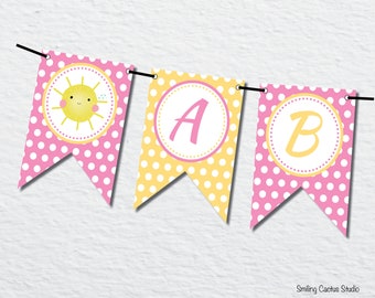 Du bist mein Sonnenschein druckbare Geburtstagsbanner-Buchstaben, rosa und gelb gepunktete bearbeitbare Alphabet-Brief-Banner-Pinnwand-Hintergrund