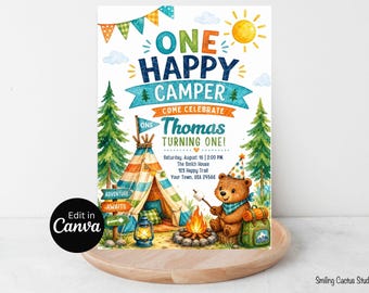 One Happy Camper Invitation, Camping Birthday Canva Template, Editable Party Details