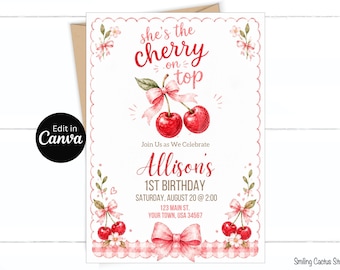 Cherry First Birthday Invitation, She’s the Cherry on Top Editable Canva Template