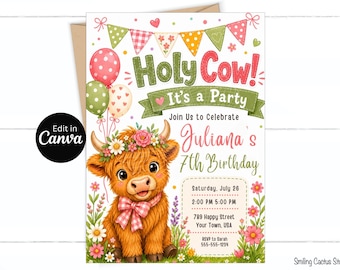 Highland Cow Birthday Invitation, Holy Cow Party Invite, Editable Canva Template, Digital Download