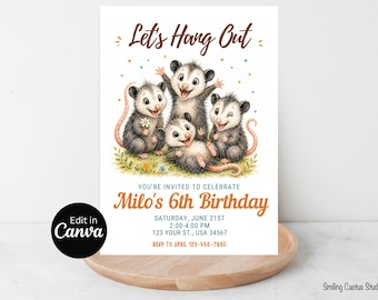 Opossum Birthday Invitation, Let’s Hang Out Editable Canva Template, Funny Possum Party Invite, Digital Download