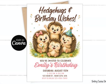 Hedgehog Birthday Invitation, Cute Woodland Animal Editable Canva Template