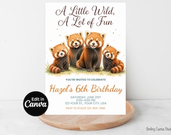 Red Panda Birthday Invitation, A Little Wild Canva Template, Zoo Animal Party Invite, Digital Download
