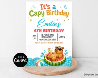 Capybara Birthday Invitation, Capy Birthday Pool Party Canva Template, Editable Details