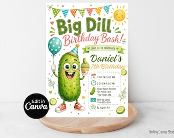 Big Dill Birthday Invitation, Pickle Party Invite, Editable Canva Template