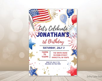 Invito modificabile per festa di compleanno patriottica, invito a stelle e strisce, invito di compleanno estivo, compleanno del 4 luglio, invito stampabile su CANVA