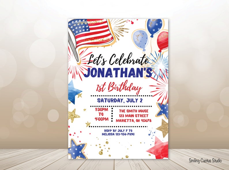 EDITABLE Patriotic Birthday Party Invitation, Stars and Stripes Invite, Summer Birthday Invite, 4th of July Birthday, Printable CANVA Invite, American 1st Birthday Party, 4th of July Party, Summer BBQ