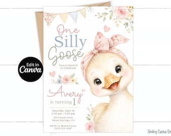 One Silly Goose Birthday Invitation, First Birthday Editable Canva Template