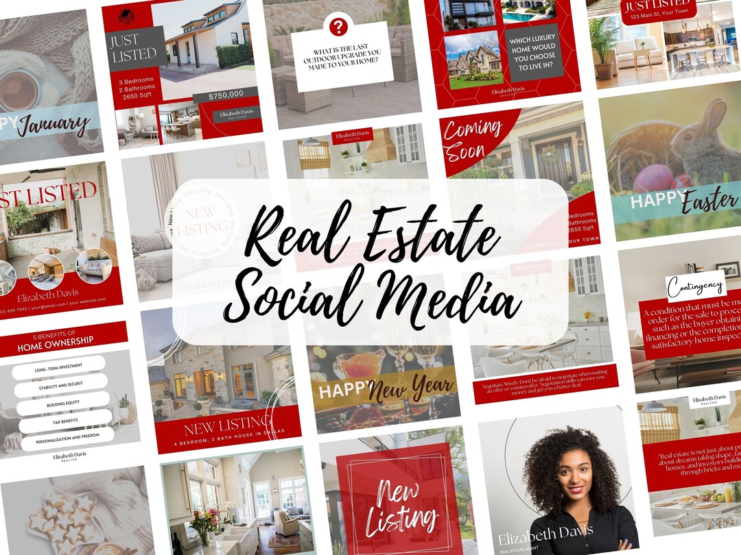 475 Real Estate Social Media Bundle, Red Real Estate Content, Realtor ...