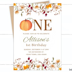 編集可能な秋のカボチャのファーストパーティー招待状、カスタマイズ可能なカボチャをテーマにした1歳の誕生日招待状、秋の誕生日パーティー、秋をテーマにした1歳の誕生日