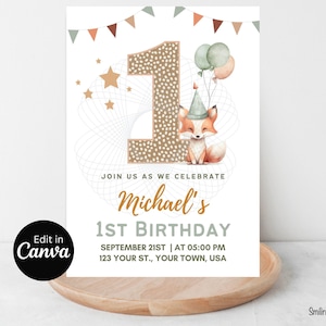 Invito per il primo compleanno a tema volpe adorabile - Personalizzato e modificabile, Invito per il primo compleanno nel bosco, Invito modificabile