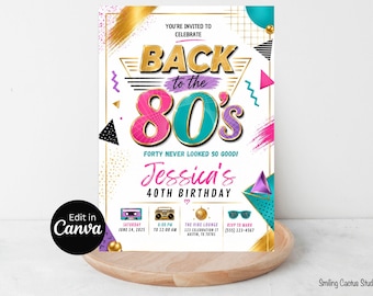 80s 40th Birthday Invitation, Back to the 80s Editable Canva Template