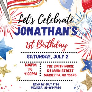 EDITABLE Patriotic Birthday Party Invitation, Stars and Stripes Invite, Summer Birthday Invite, 4th of July Birthday, Printable CANVA Invite, American 1st Birthday Party, 4th of July Party, Summer BBQ