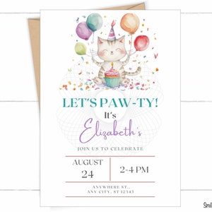 Cat Birthday Party Invitation, Kitty 1st Birthday Invite, EDITABLE Invitation, Girl Birthday Invite, Cat Birthday Party, Cat Party Decor