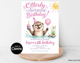 Otter Birthday Invitation Template, Pink Otter Birthday Invite, Editable Canva Invitation, Otterly Awesome Girl Party Invite