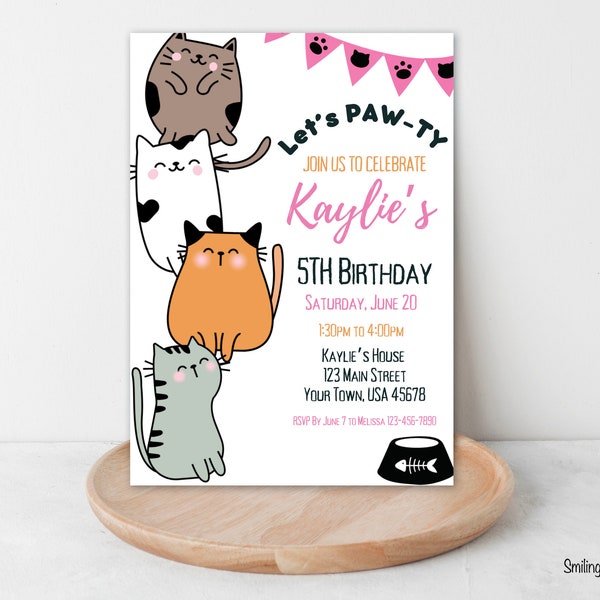 Cat Birthday Party Invitation, Kitty Birthday Invite, EDITABLE Invitation, Girl Birthday Invite, Cat Birthday Party, Kitty Cat Party Decor