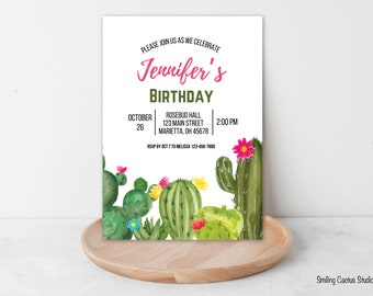 Cactus Birthday Invitation, Cactus Party, Fiesta Invitation, Editable Cactus Invitation, Printable Invitation, Watercolor Cactus Invitation
