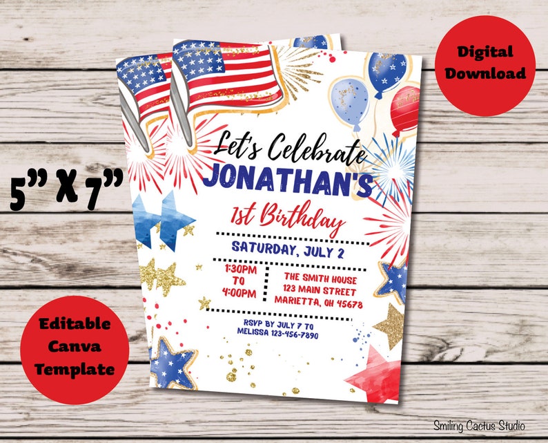EDITABLE Patriotic Birthday Party Invitation, Stars and Stripes Invite, Summer Birthday Invite, 4th of July Birthday, Printable CANVA Invite, American 1st Birthday Party, 4th of July Party, Summer BBQ