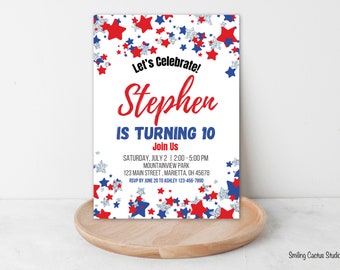 Invito modificabile per festa di compleanno patriottica, invito a stelle e strisce, invito di compleanno estivo, compleanno del 4 luglio, invito stampabile su CANVA