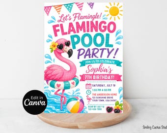 Pink Flamingo Pool Party Invitation, Summer Birthday Editable Canva Template