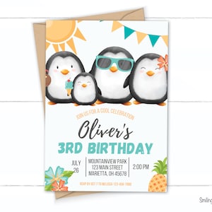 Pinguin-Geburtstagsfeier-Einladung, Sommerpinguin bearbeitbares einladen, Pinguin-Party, Sommer-Geburtstagsfeier, Pinguin-Einladung, Canva einladen