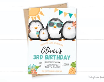 Penguin Birthday Party Invitation, Summer Penguin Editable Invite, Penguin Party, Summer Birthday Party, Penguin Invitation, Canva Invite