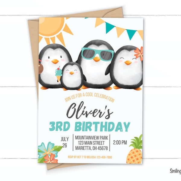 Penguin Birthday Party Invitation, Summer Penguin Editable Invite, Penguin Party, Summer Birthday Party, Penguin Invitation, Canva Invite