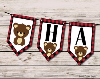 Flannel Bear Happy Birthday Banner | INSTANT DOWNLOAD Printable Banner | Lumberjack Birthday Sign | First Birthday | Digital Decoration