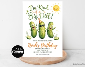 I’m Kind of a Big Dill Birthday Invitation, Funny Pickle Party Invite, Editable Canva Template