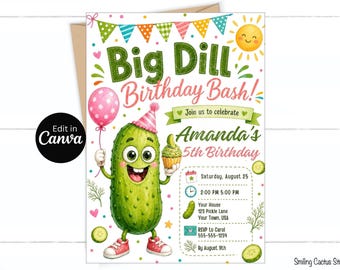 Big Dill Birthday Invitation, Pink Pickle Party Invite, Girl Birthday Canva Template