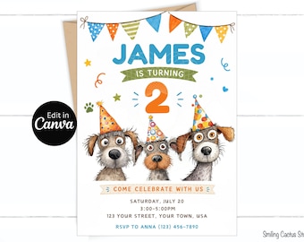 Dog Birthday Invitation, Cute Puppy Party Editable Canva Template, Kids Party Invite, Digital Download