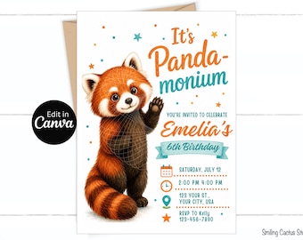 Red Panda Birthday Invitation, Panda-Monium Editable Canva Template, Digital Download
