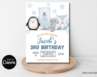 Editable Penguin Birthday Party Invitation Boy Winter Birthday Polar Bear Invite, Penguin Party, 5x7 1st Birthday Cute Winter Animal Invite
