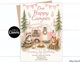 One Happy Camper Invitation, Camping Birthday Canva Template, Editable Party Details