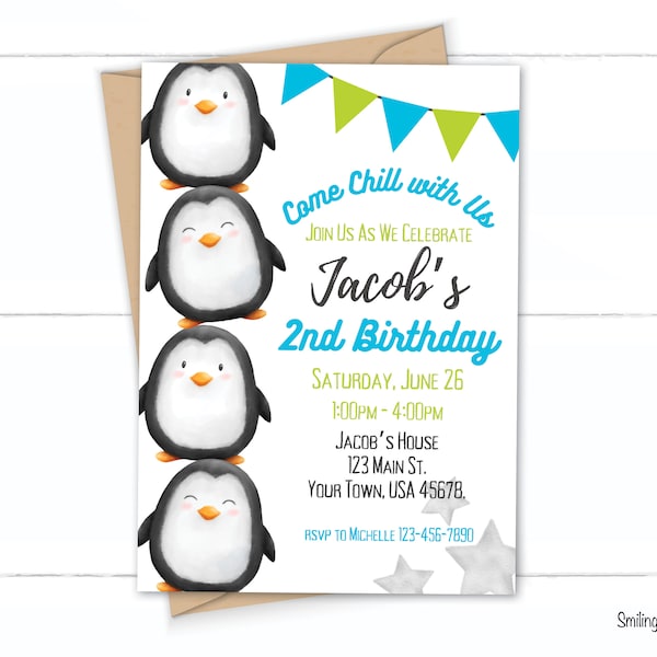 Faire-part d'anniversaire pingouin, invitation modifiable pingouin garçon, fête pingouin mignon, 1er anniversaire hiver 5 x 7 invitation fête