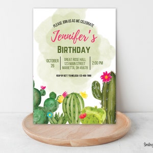 Aquarel cactus verjaardagsuitnodiging, cactusfeest, uitnodiging fiesta, bewerkbare cactusuitnodiging, afdrukbare uitnodiging, cactusuitnodiging