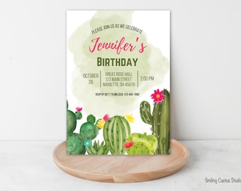 Watercolor Cactus Birthday Invitation, Cactus Party, Fiesta Invitation, Editable Cactus Invitation, Printable Invitation, Cactus Invitation