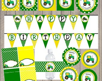 Tractor Birthday Party Decorations, Instant Download Party Pack, Green Tractor Farm Birthday, Farm Tractor Party Decor for 1st Birthday