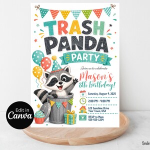 May include: A colorful invitation for a "Trash Panda Party" with a raccoon illustration. The invitation includes the text "Join us to celebrate Mason's 8th Birthday!" with date, time, and location details. The design features balloons and a cupcake.