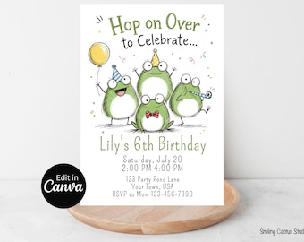 Frog Birthday Invitation, Hop On Over Editable Canva Template