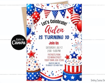 Patriotic Birthday Invitation, Red White Blue Editable Canva Template
