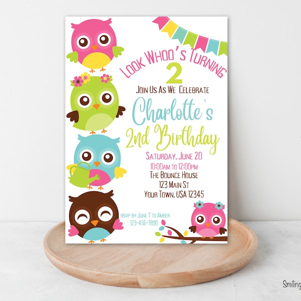 Owl Birthday Party Invitation, Owl Birthday Invite, EDITABLE Invitation, Girl Birthday Invite, Owl Birthday Party, Look Who's Birthday