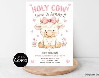 White Highland Cow Birthday Invitation, Holy Cow Editable Canva Template