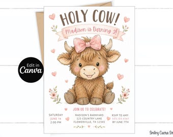 Highland Cow Birthday Invitation, Holy Cow Editable Canva Template
