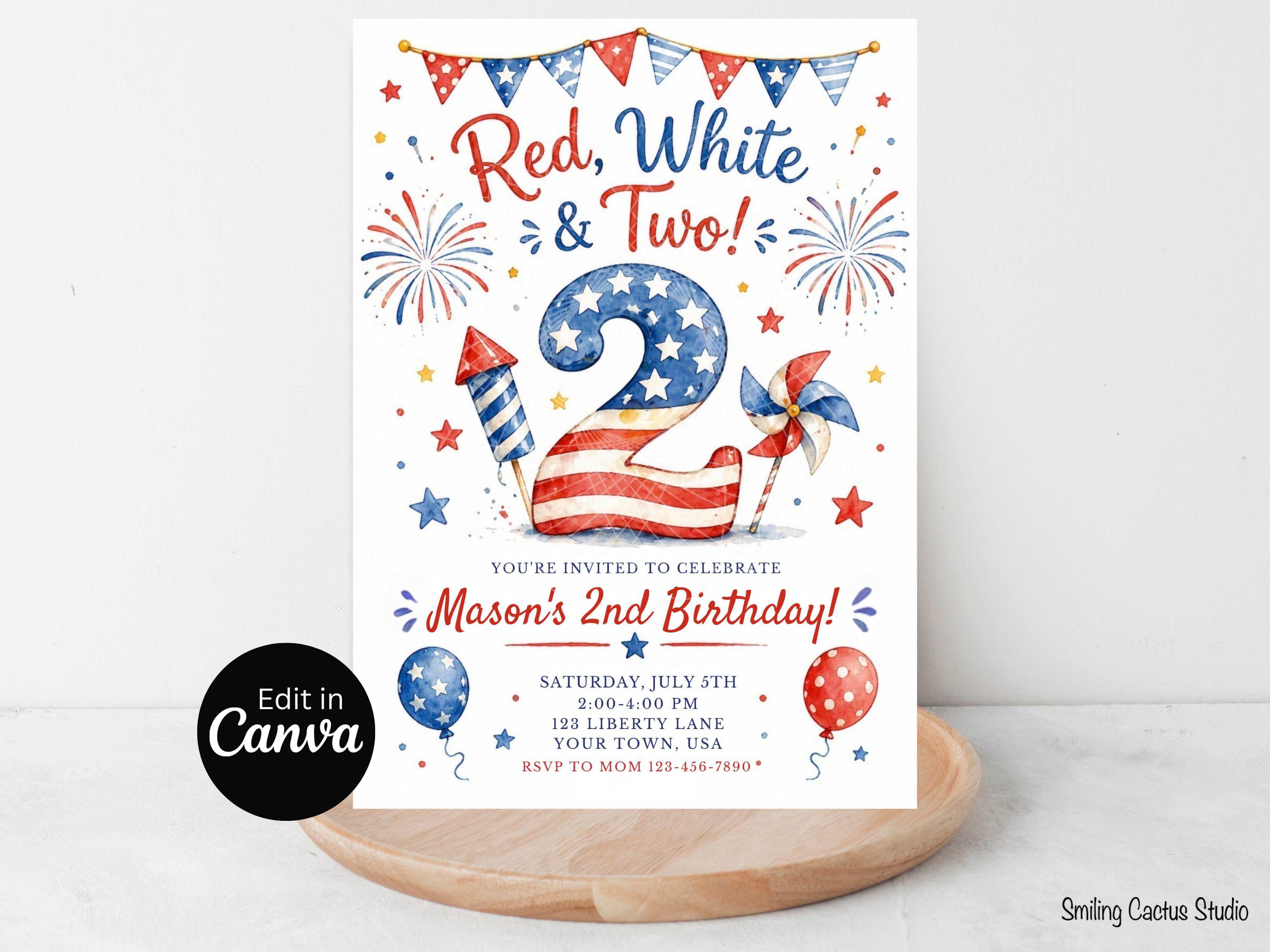 Red White and Two 2nd Birthday Invitation, Patriotic Editable Canva ...