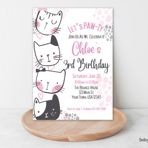 Cat Party Invitation, Editable Birthday Invitation Template, Kitty Birthday Girl Birthday Party Invite Editable Template Digital Printable