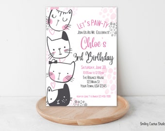 Cat Party Invitation, Editable Birthday Invitation Template, Kitty Birthday Girl Birthday Party Invite Editable Template Digital Printable